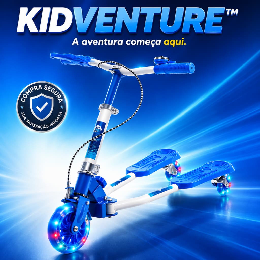 Patinete Infantil 3 Rodas KIDVENTURE LED Dobrável Articulado Ajustável Menino Menina Brinquedo