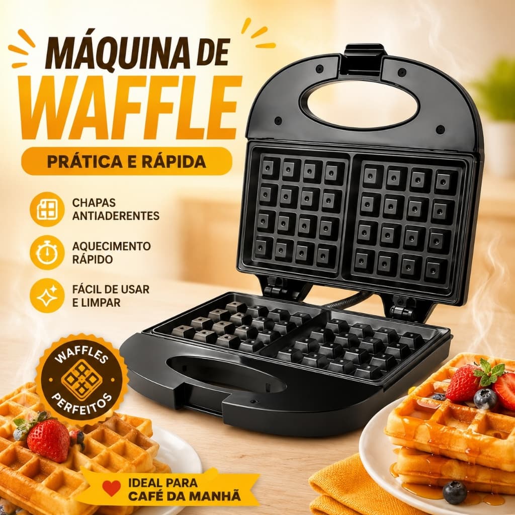 Máquina Waffle Elétrica Waffleira Grill Antiaderente 750W Liége Preta 220V