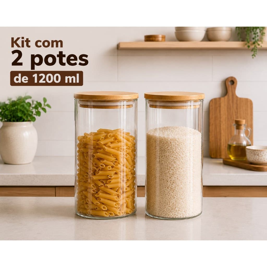 Kit 2 Potes de Vidro Hermético 1200 Ml com Tampa de Bambu para Alimentos Condimentos Borossilicato Organização Cozinha