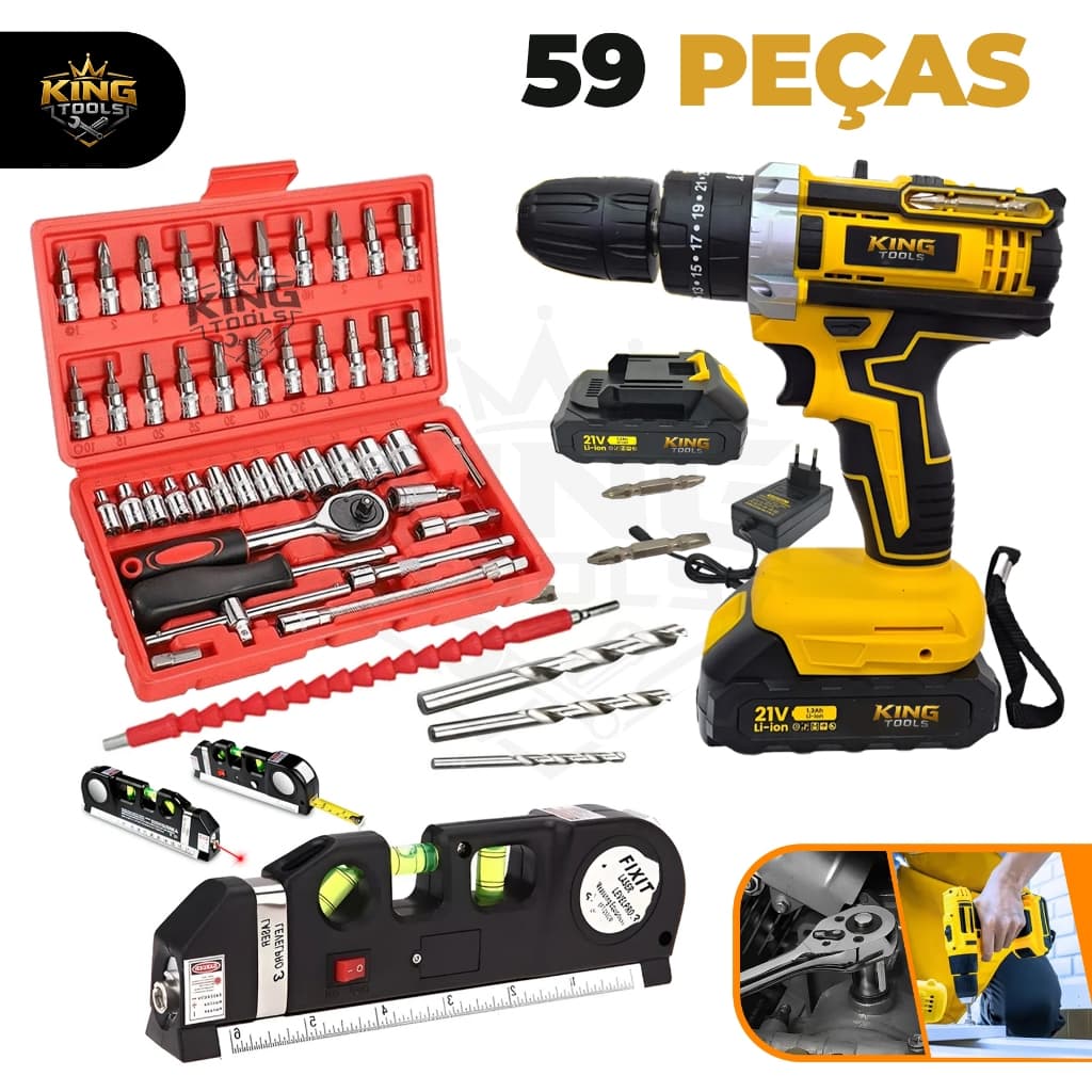 Kit Parafusadeira Furadeira Sem Fio 21V + Kit Jogo Soquete + Nivel a Laser + Trena, Kit Ferramentas Completo Bivolt