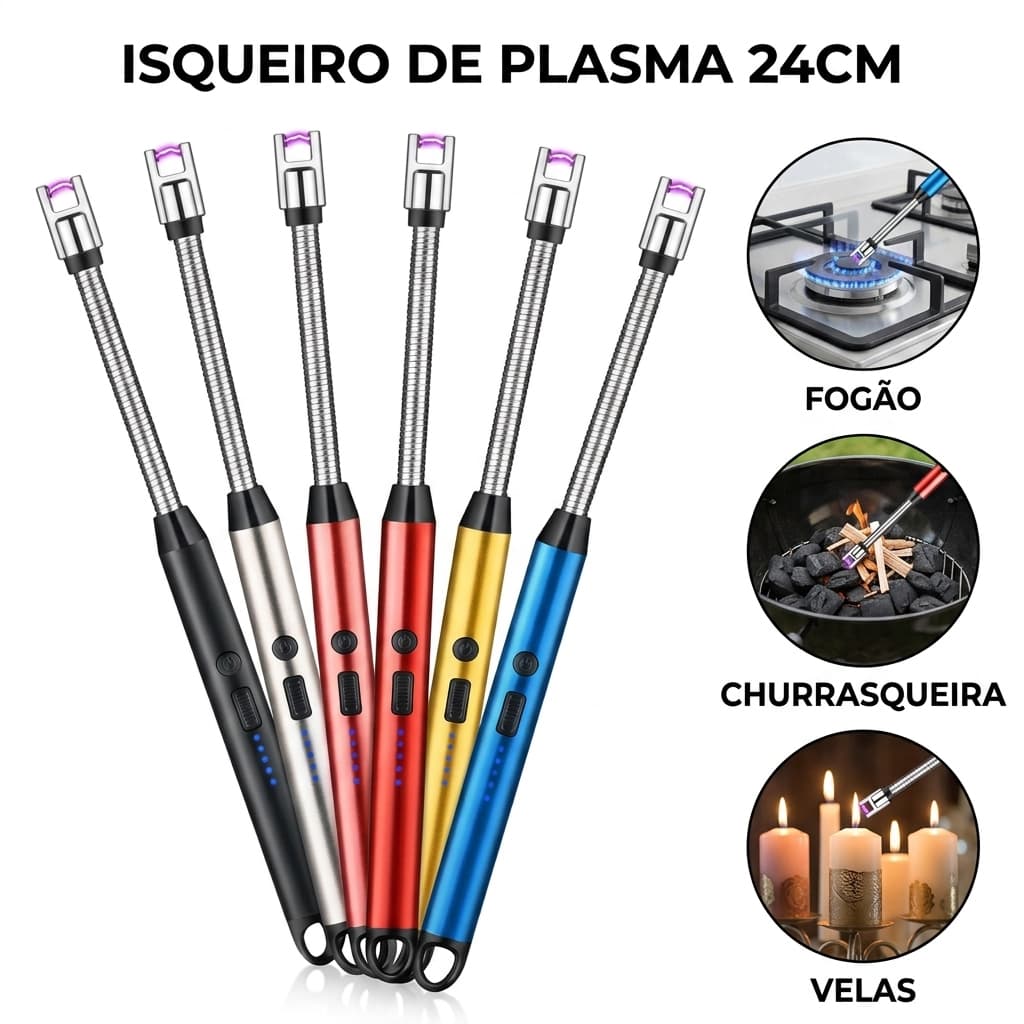 Acendedor Elétrico USB 24cm Recarregável Fogão Churrasco Velas Cores Sortidas