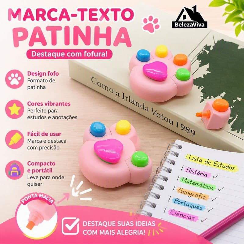Marca-texto Pata de Gato 4 Cores em 1 Design Fofo com Cores Fluorescentes para Planner e Marcação de Texto 900