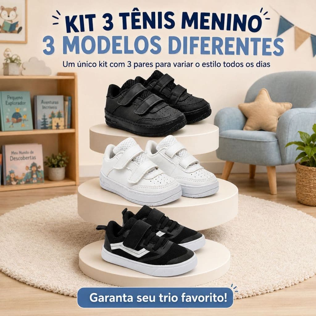 KIT 3 Tenis De Velcro Menino Casual | 3 Modelos Diferentes Com Conforto e Estilo | GARANTA O KIT