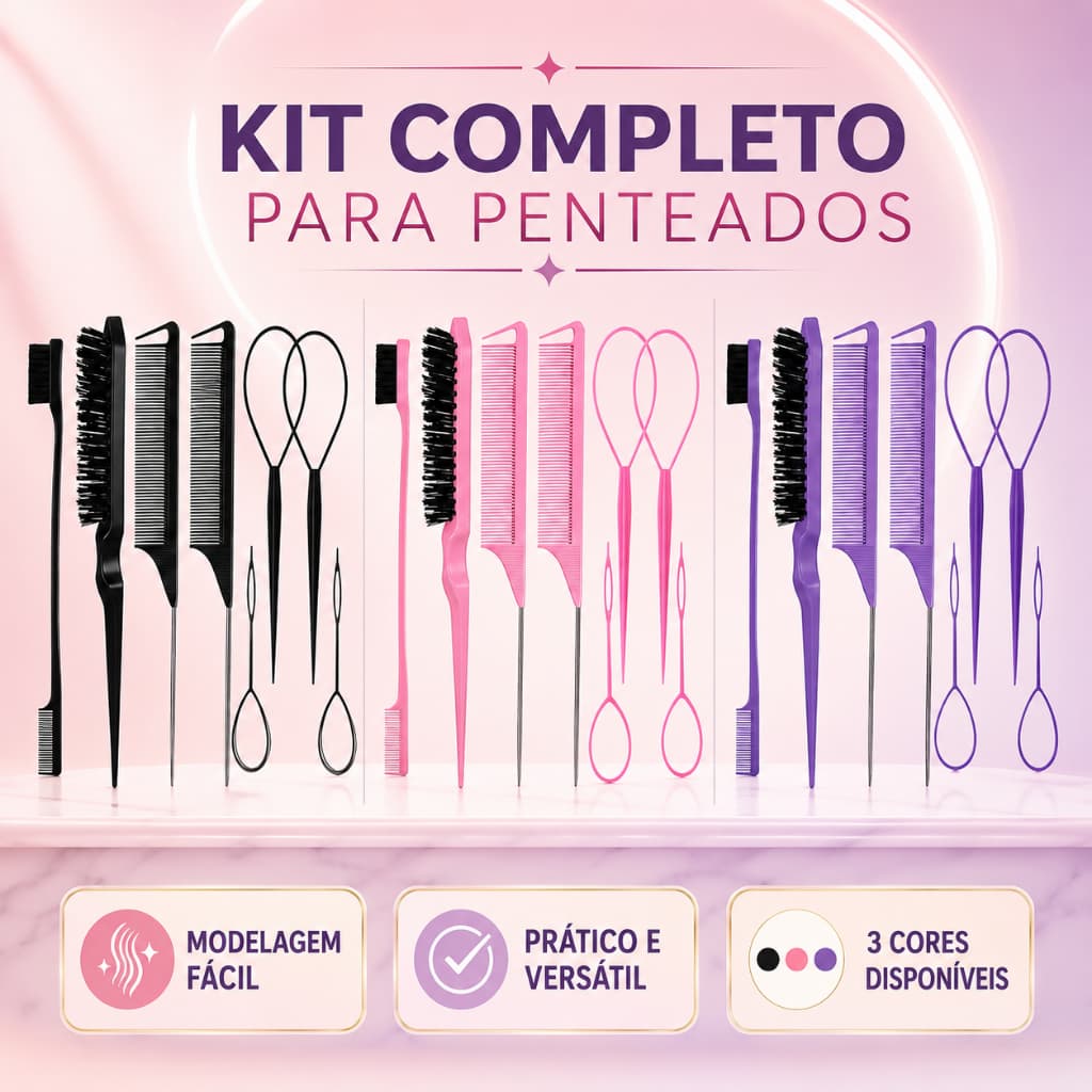 Kit 8 Peças para Penteados com Pentes, Escovas e Passadores de Mechas