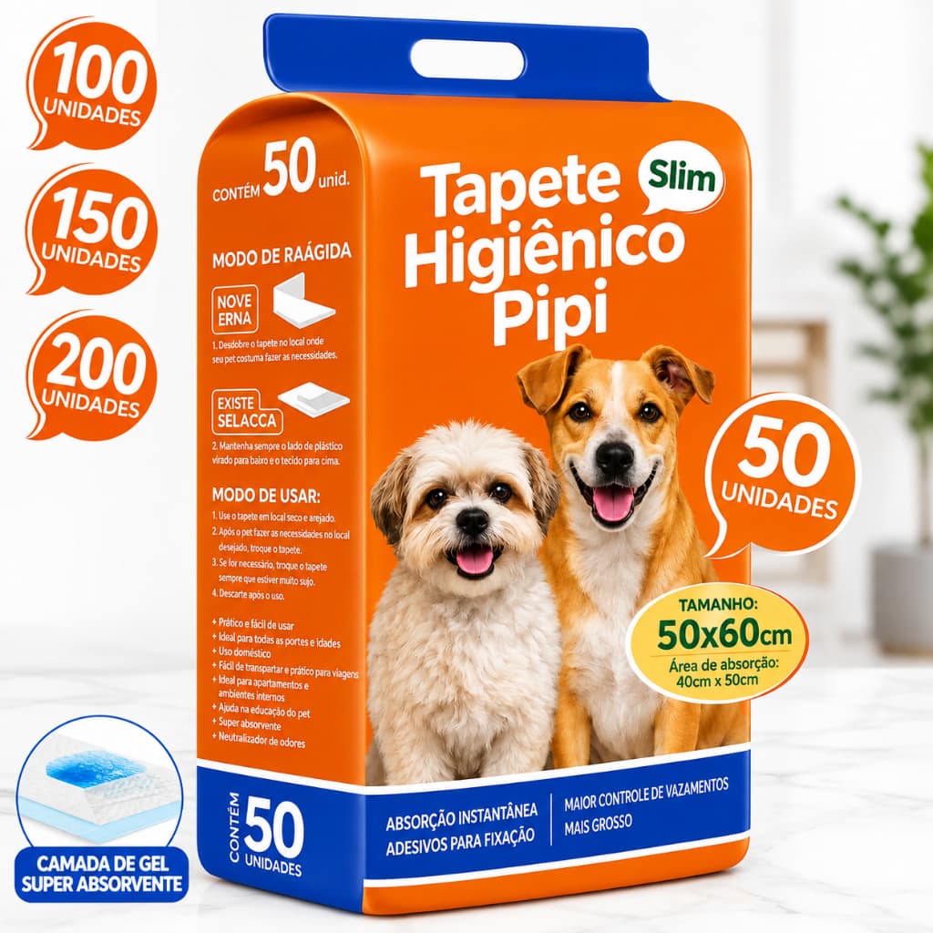 Tapete Higiênico para Cães Pacote com 50 Unidades 50x60cm com Fralda de Gel Absorvente Ideal para Cães de Estimação