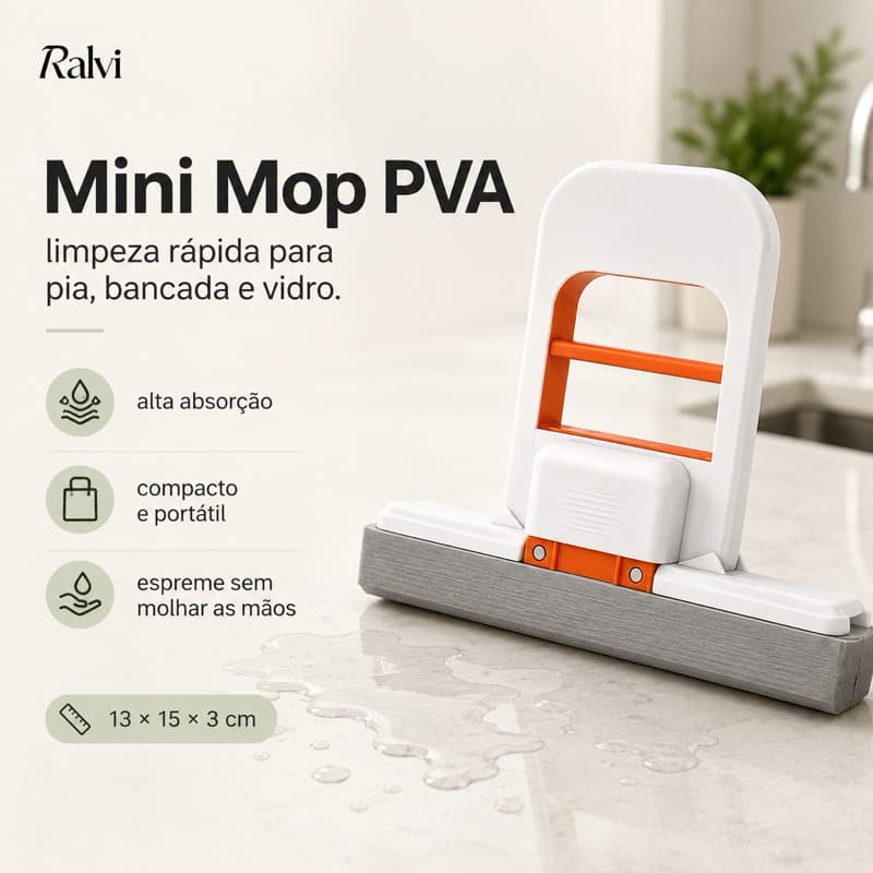 Mini Mop Esponja PVA para Pia Bancada Vidro com Espremedor Manual Portátil Absorvente
