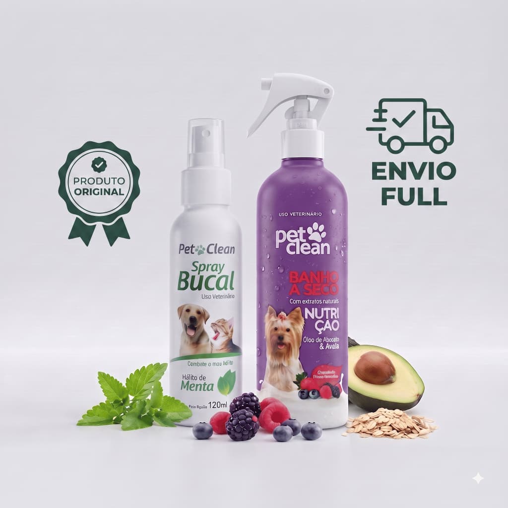 Kit Higiene e Bem-Estar Pet: Spray Bucal de Menta + Banho a Seco - Hálito fresco + pelo limpo, macio e brilhante!