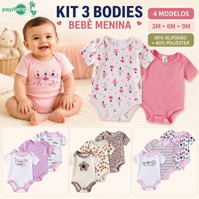 Kit Body Bebê Menina Manga Curta 3 Peças Payifang Body Infantil Conjunto Roupa de Bebê 3M 6M 9M