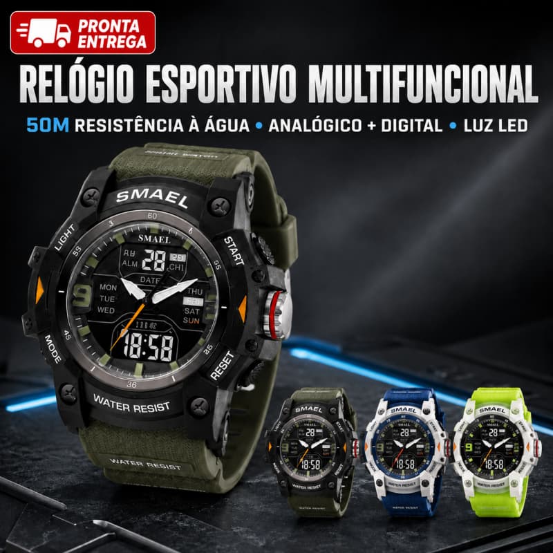 Relógio Masculino Esportivo Analógico Digital 50M Multifuncional Cronômetro Alarme Luz Noturna