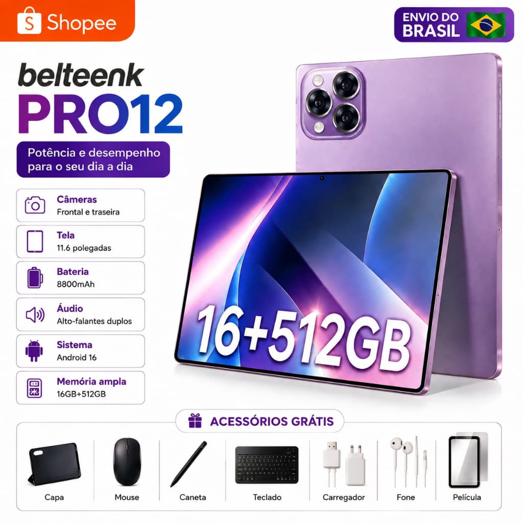 belteenk Tablet  Pro12 | 16GB RAM 512GB | Tela HD 11.6" | Android 16 | 5G | Teclado e Mouse Grátis