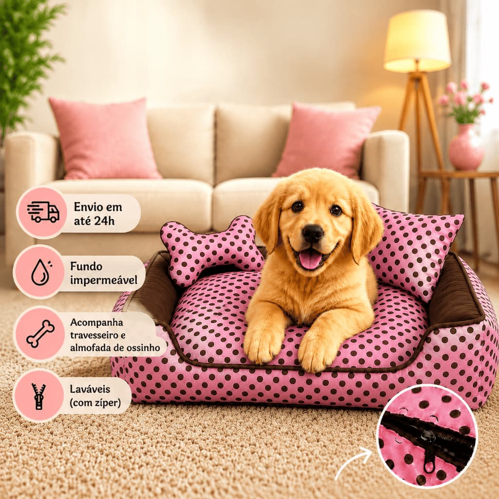 Cama Pet Luxo Rosa Poá Caminha para Cachorro e Gato Fundo Impermeável Lavável com Zíper + Almofada e Ossinho