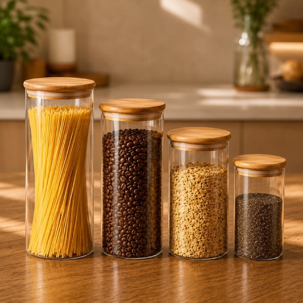 Kit 4 Potes de Vidro Hermético Redondo com Tampa de Bambu Porta Mantimentos Organização de Alimentos