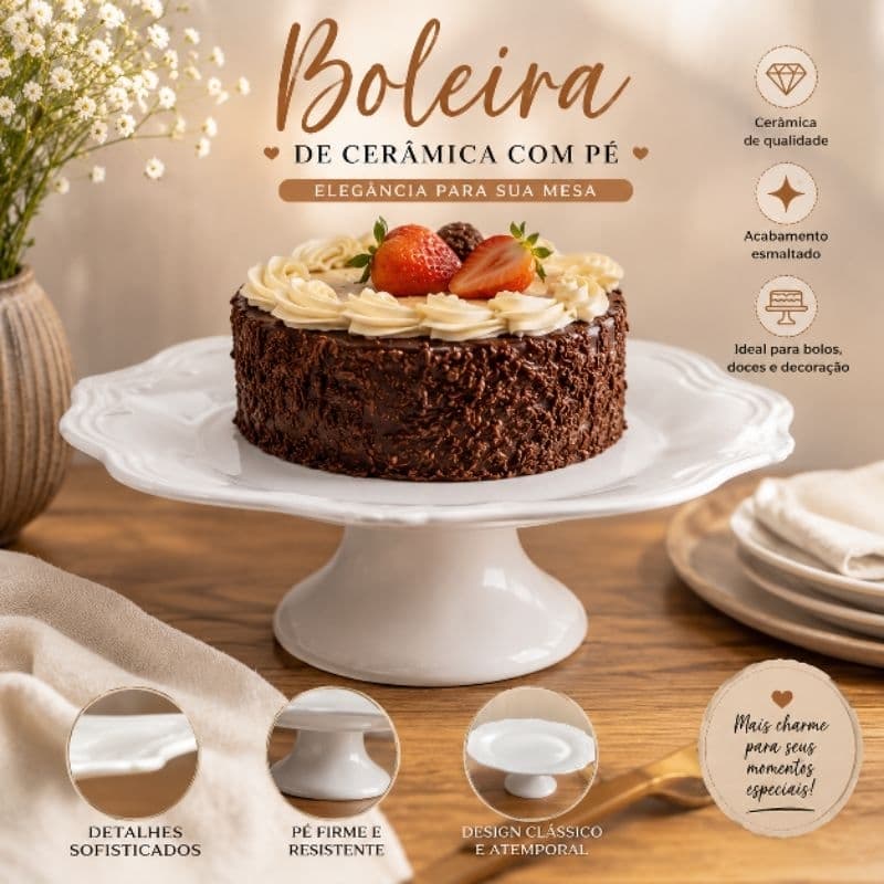 Boleira de Cerâmica com Pé para Bolo Doces e Sobremesas 2ª Linha