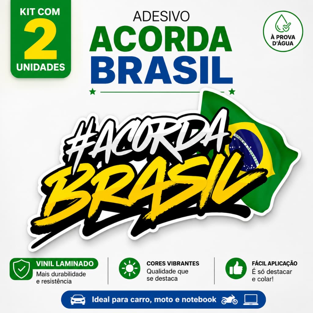 Kit 2 Adesivos Acorda Brasil Vinil Laminado Para Carro Moto Capacete Notebook