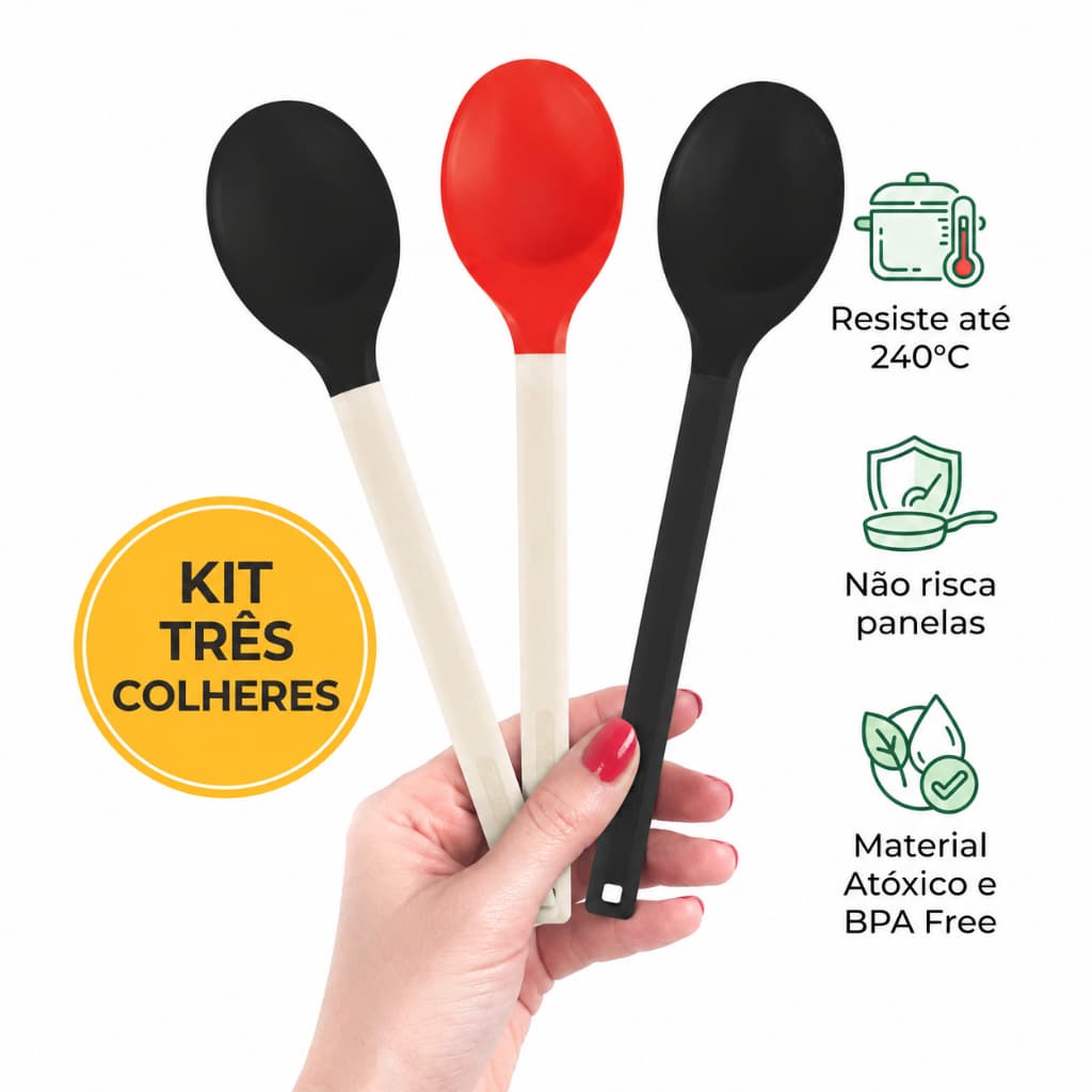 Kit 3 Colheres De Silicone Com Cabo Plástico Resistente 240°C Não Risca Panela Linha Slim