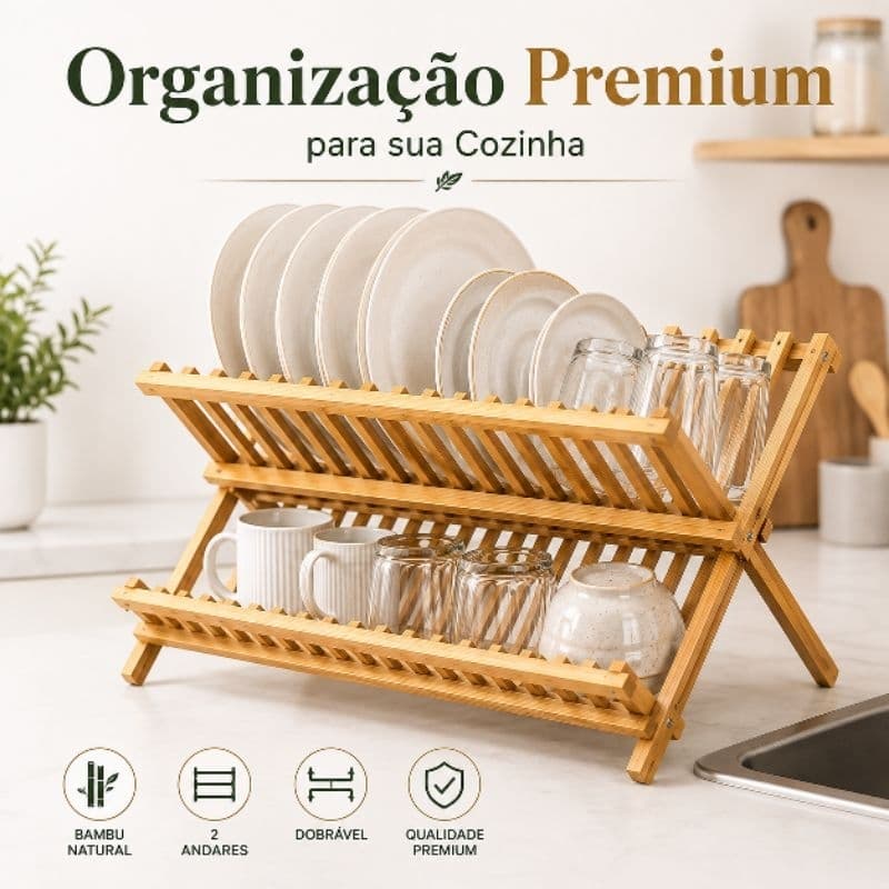 Escorredor de Louças BambooDry Elite Dobrável 2 Andares em Bambu Natural Organizador de Pratos e Copos