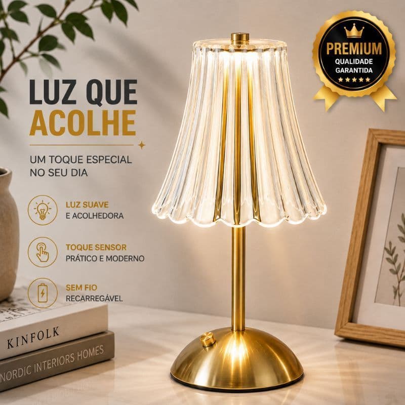 Luminária Sem Fio Recarregável LED Touch 3 Tons Abajur Dourado para Mesa Cabeceira Quarto 30cm