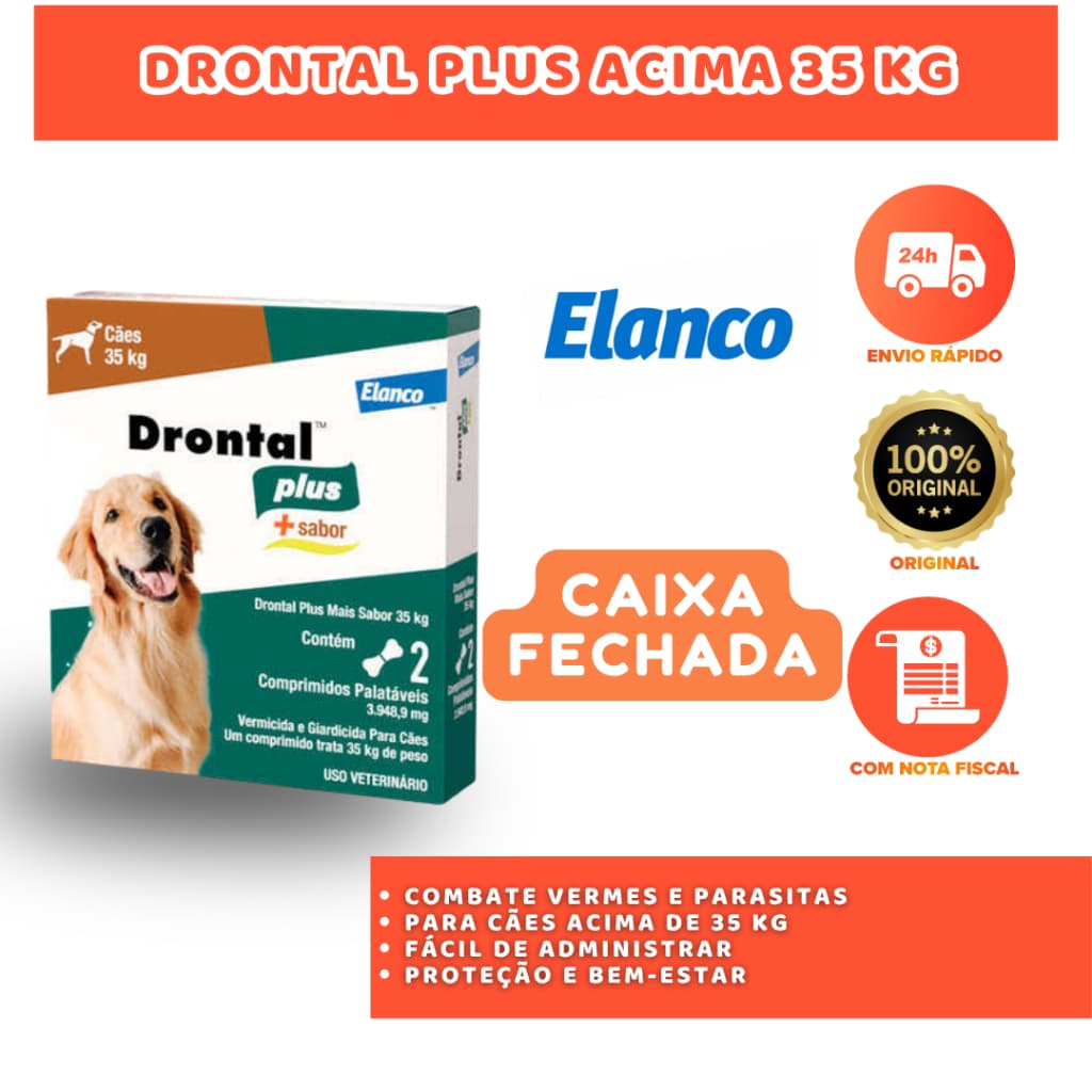 DRONTAL PLUS ACIMA DE 35 KG 4 COMPRIMIDOS VERMÍFUGO E ANTIPARASITÁRIO PARA CÃES