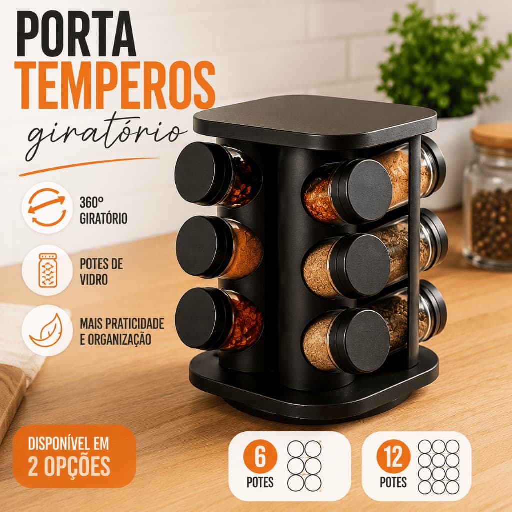 PORTA TEMPEROS GIRATÓRIO 6 E 12 POTES DE VIDRO ORGANIZADOR DE COZINHA