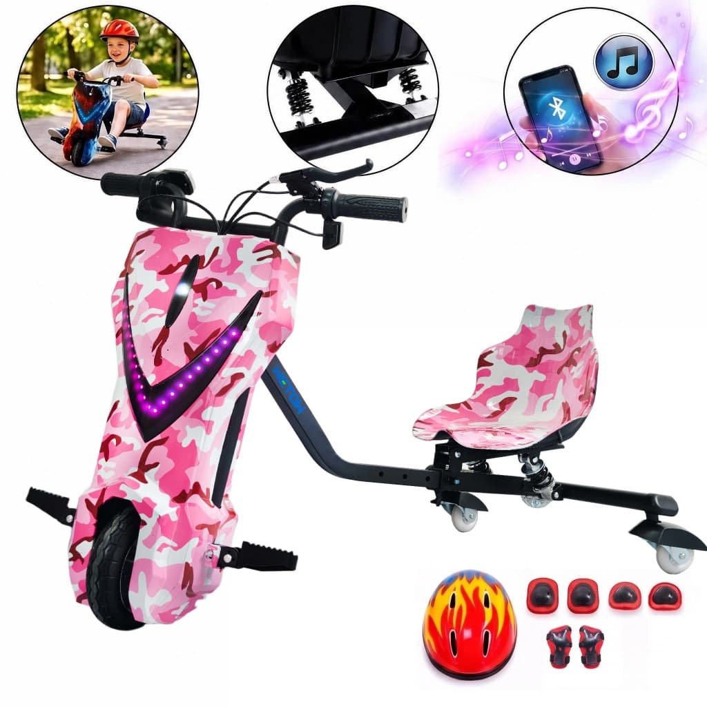 Triciclo Elétrico Drift 350w 8" 36V Patinete Skate Adulto/Infantil 3 rodas Com Bluetooth Música LED