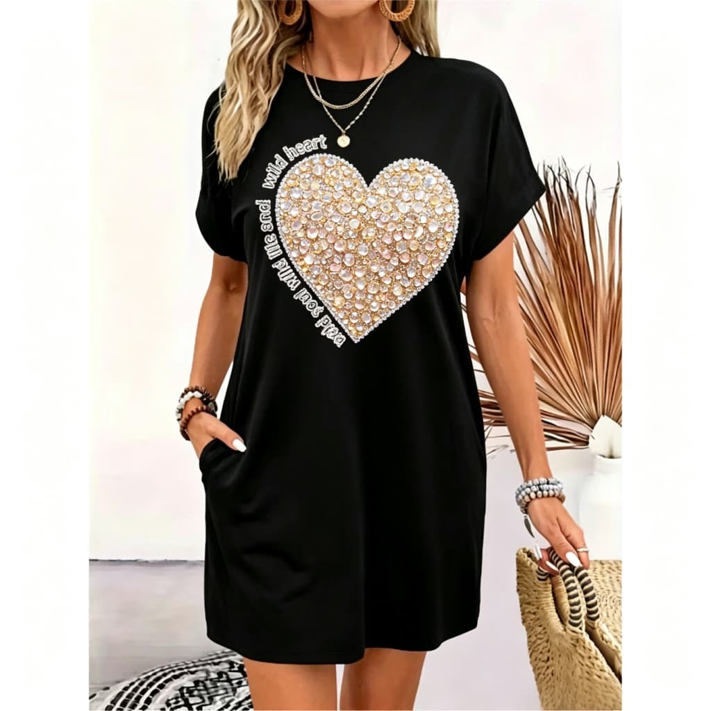 Vestido tipo camiseta com estampa de leopardo e corações em inglês, corte folgado, com bolsos, casual para o dia a dia