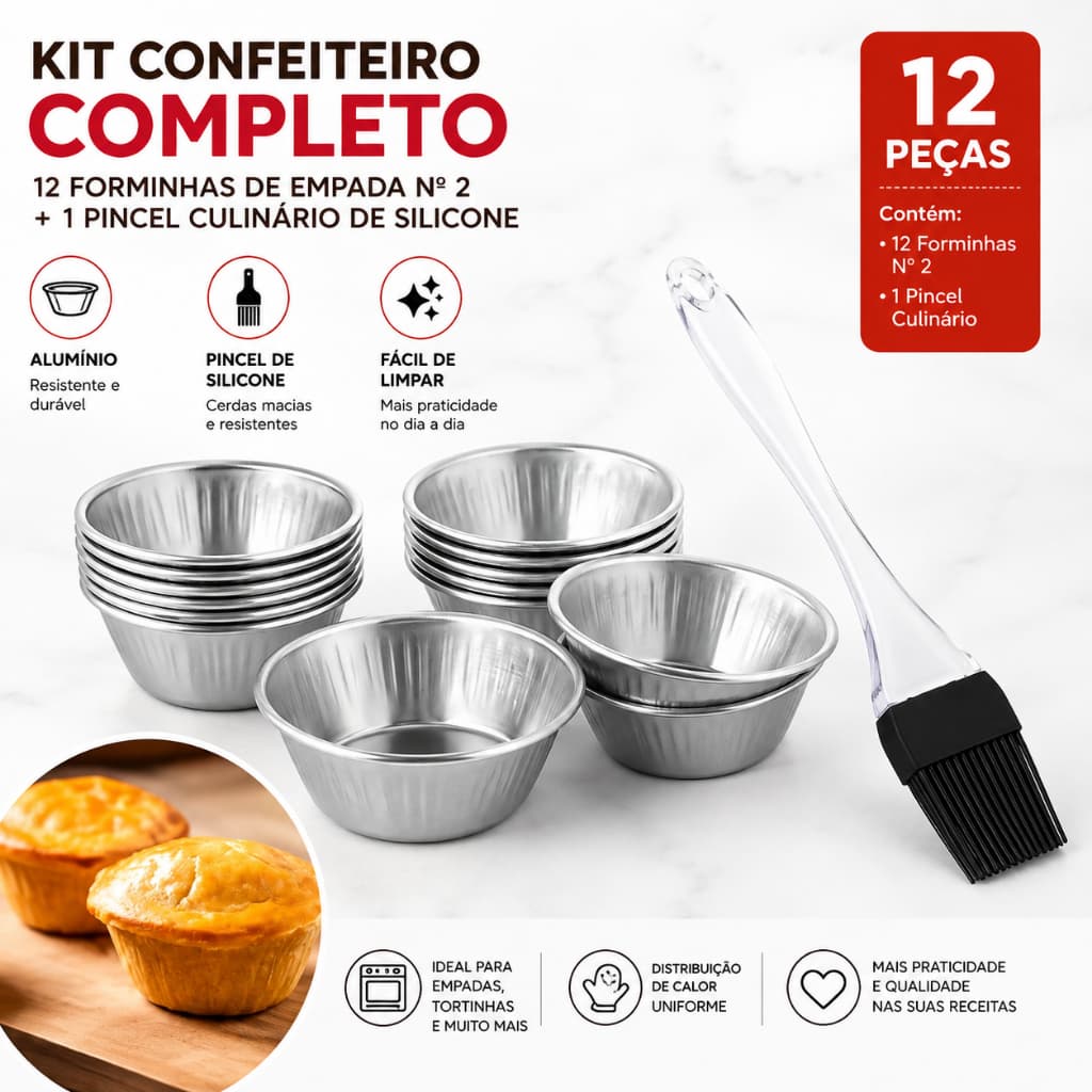 Kit 12 Forminhas de Empada Nº2 Alumínio + Pincel Culinário de Silicone