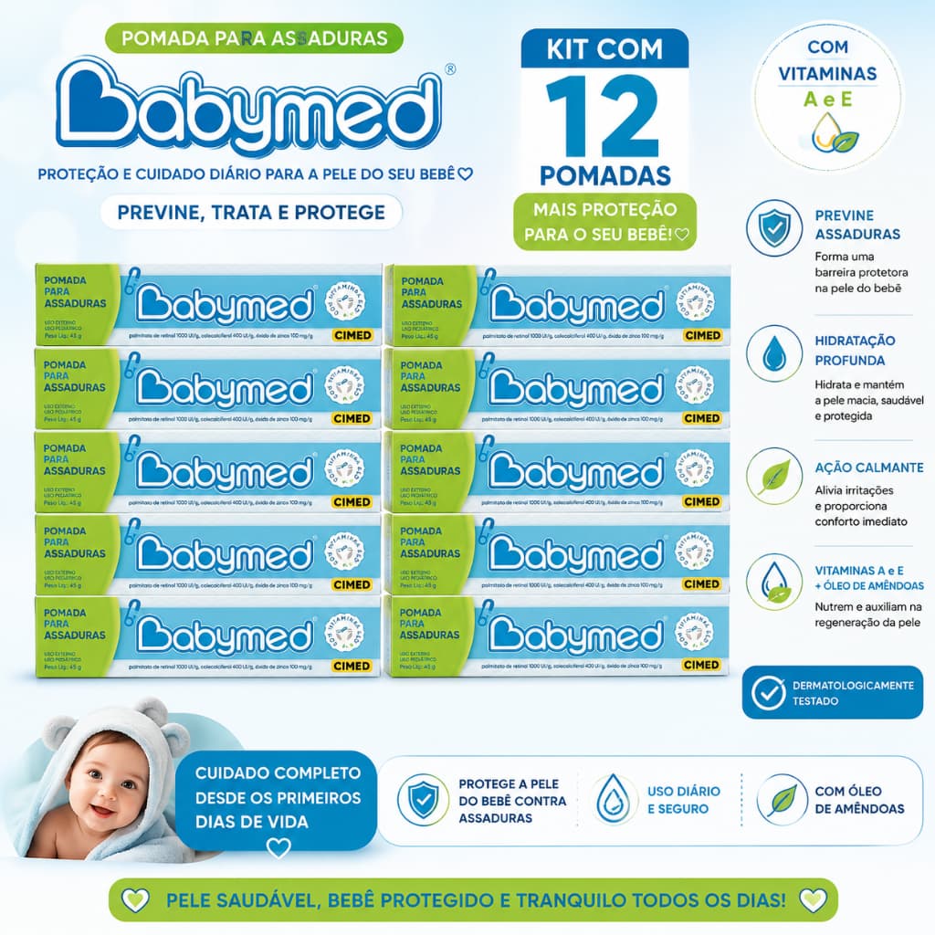 Kit 12 Pomadas Babymed Azul 45g Proteção Contra Assaduras Vitamina A e E Barreira Protetora Cuidado Diário