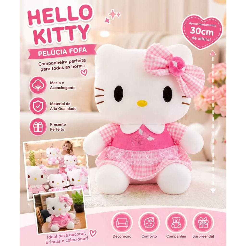 Boneca de Pelúcia Gatinha Rosa 30cm com Laço – Presente Fofo e Decorativo