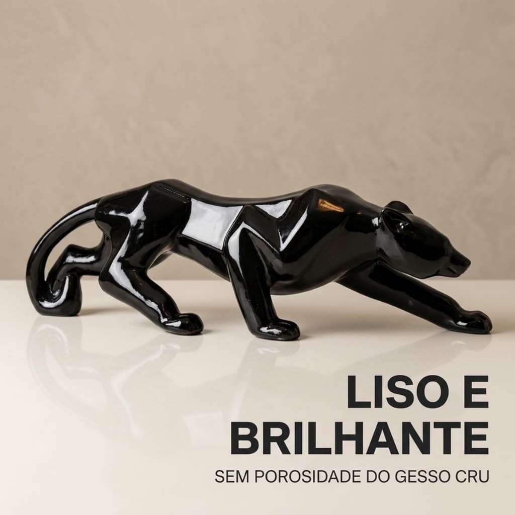 Estátua Pantera Leopardo Gesso 30cm Preta Brilhante Escultura Decorativa Geométrica Enfeite Sala Estante Aparador