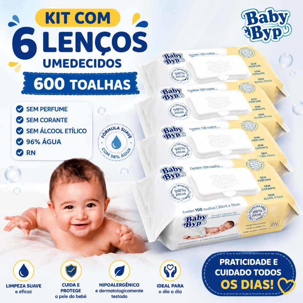 Kit 6 Lenços Umedecidos Baby Byn RN 600 Unidades Sem Alcool Sem Perfume Recem Nascido Atacado
