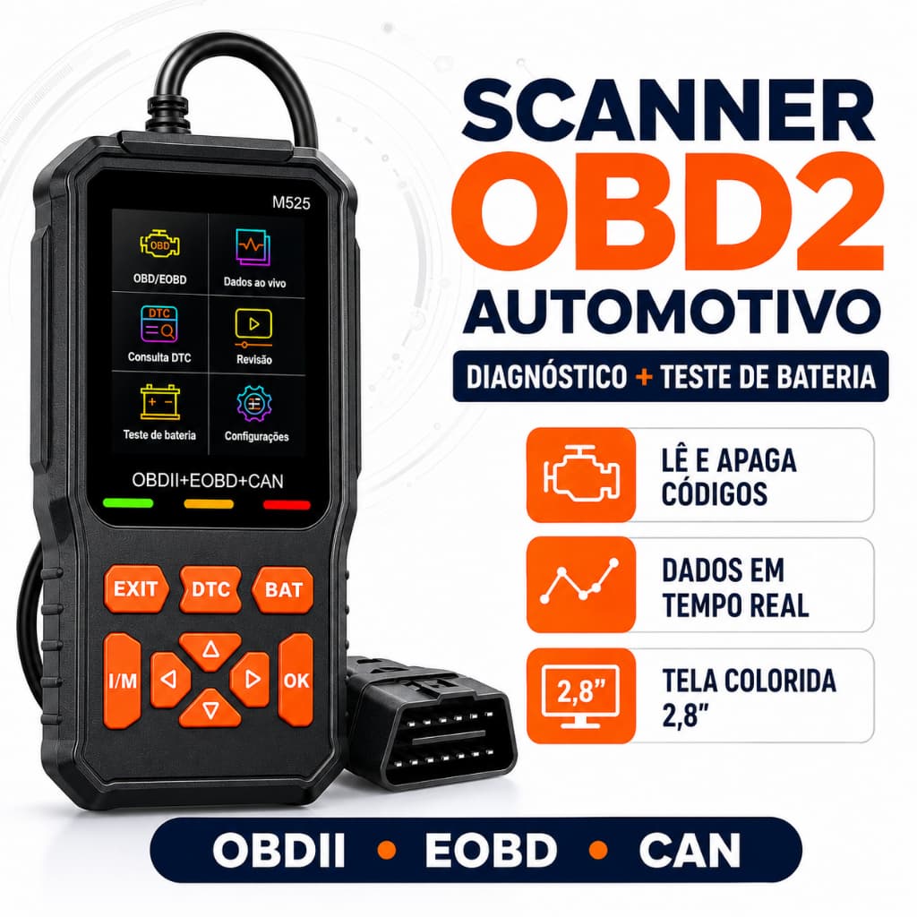 Scanner Automotivo OBD2 M525 Diagnóstico de Falhas Leitor e Apagador de Códigos DTC com Teste de Bateria