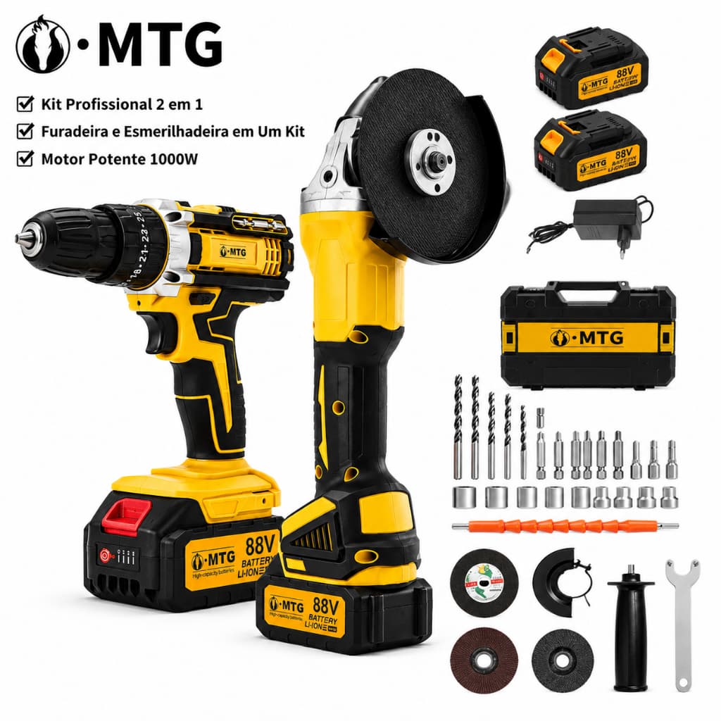 Kit 2 em 1 Profissional Furadeira Parafusadeira + Esmerilhadeira Angular 1000W 12000RPM com Maleta e Acessórios