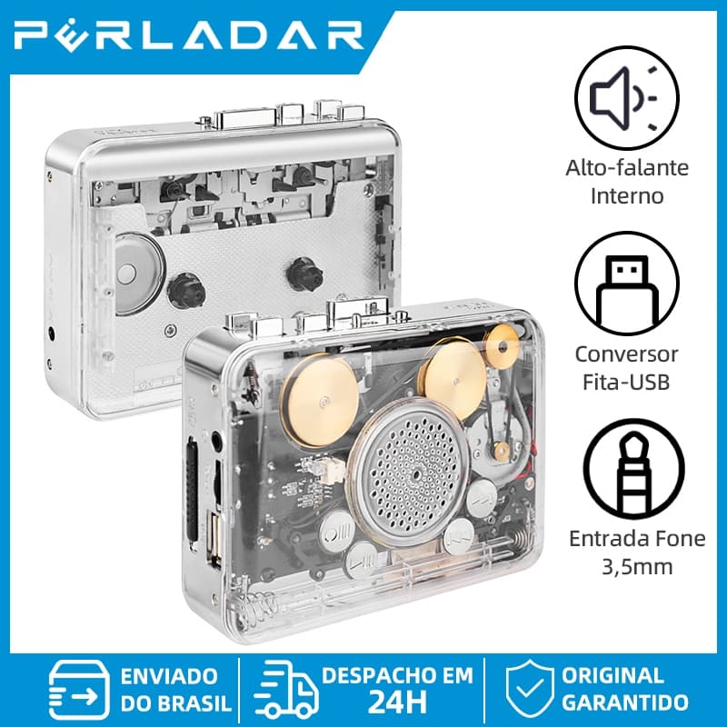 Reprodutor de Fita K7 Transparente com Alto‑falante Integrado, Entradas USB e P2, Conversão de Fita para Pen Drive