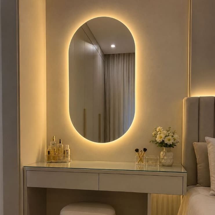 Espelho Decorativo Oval com LED Luz Branco Quente e Branco Frio Design Moderno