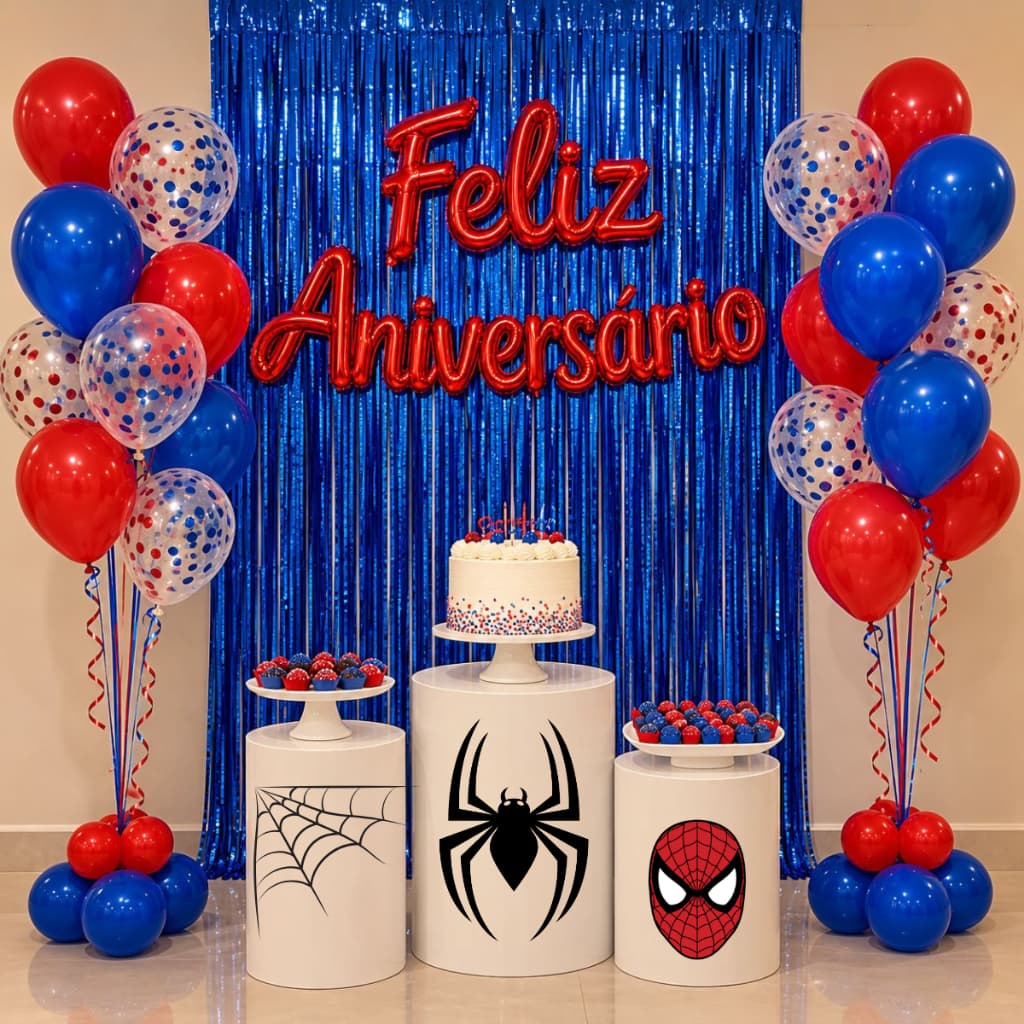 Kit Decoração Cortina Metalizada Homem Aranha Spider Man Decoração Festa Aniversário Balão Comemoração
