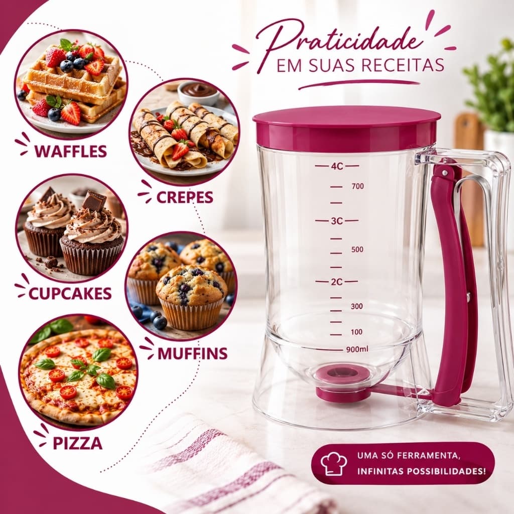 Copo Dosador para Massas 900ml Dispensador Medidor para Panqueca Bolo Cupcake Waffle
