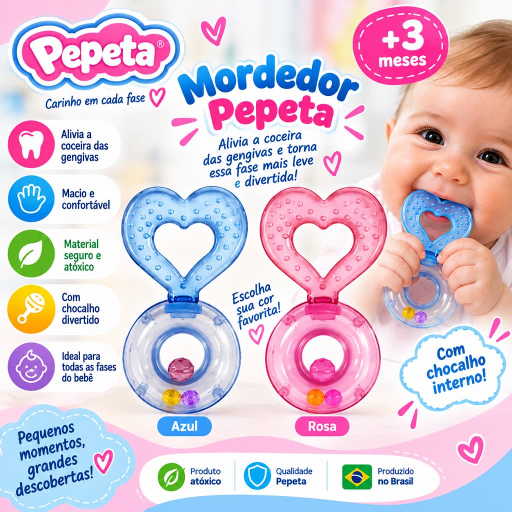 Mordedor com Chocalho Coração Pepeta Estimulação Sensorial Conforto Bebê Lúdico Seguro Livre de BPA Infantil