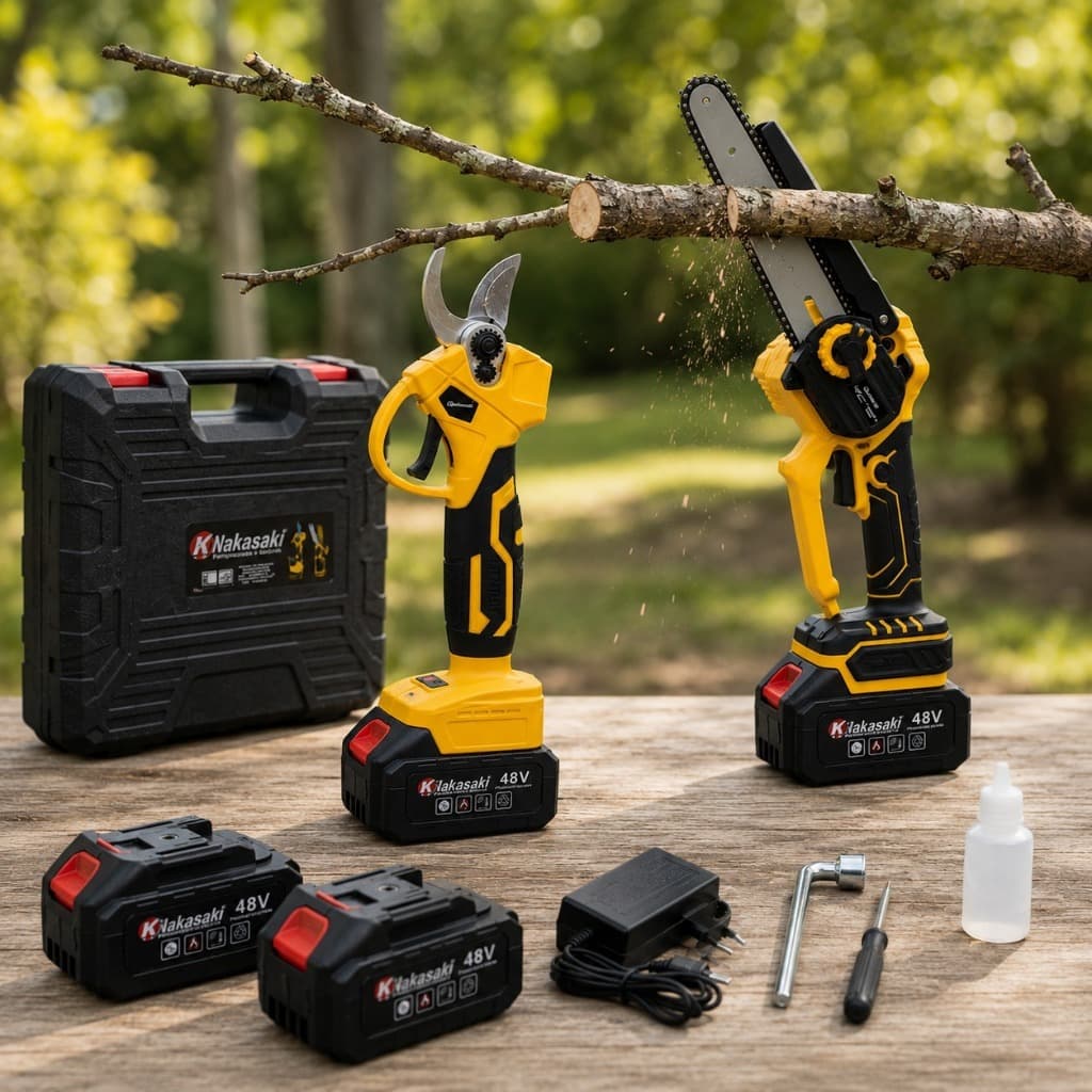 Mini Motosserra a Bateria 48V + Tesoura de Poda Elétrica 2 Baterias com Maleta Nakasaki