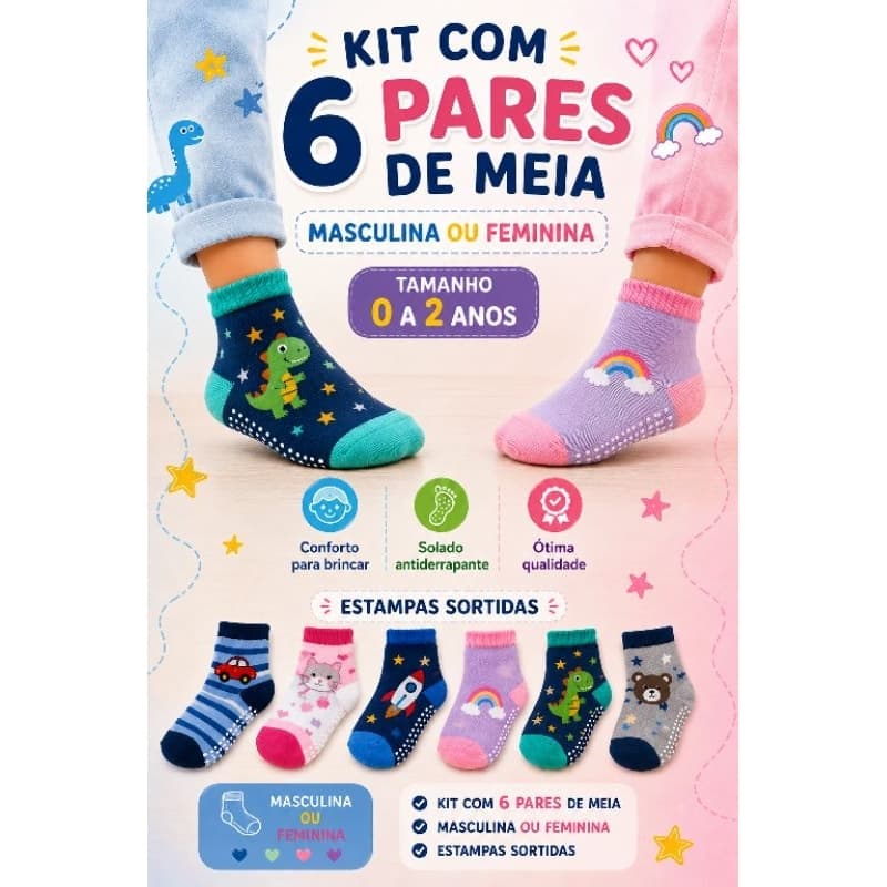 Kit com 6 pares de meia antiderrapante para menino ou menina de 0 a 2 anos