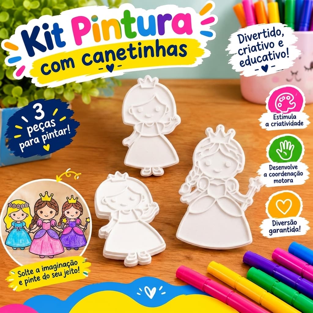 Kit Pintura Infantil com Canetinhas Permanentes 1 ou 3 Placas 10cm | Temas Personalizados