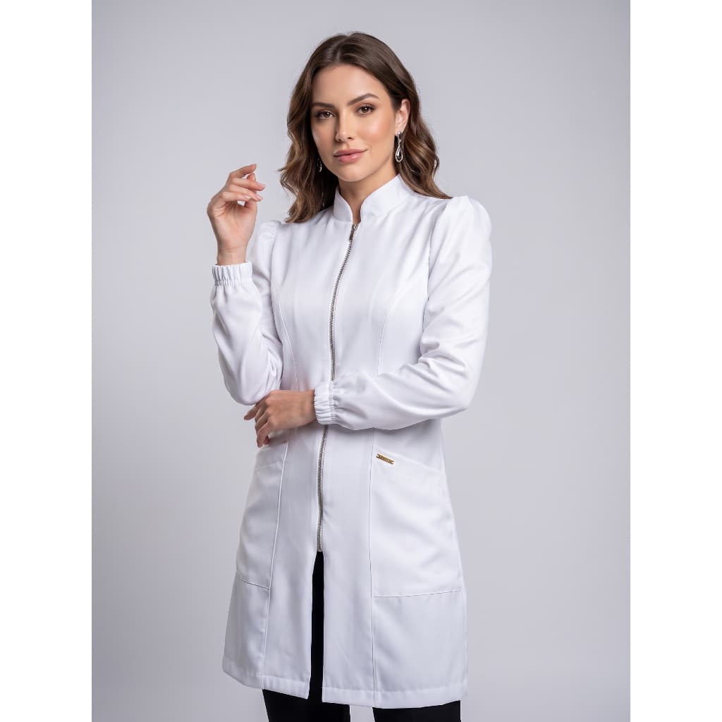 Jaleco Feminino Gabardine Premium Branco Acinturado Manga Princesa Biah Jaleco Art