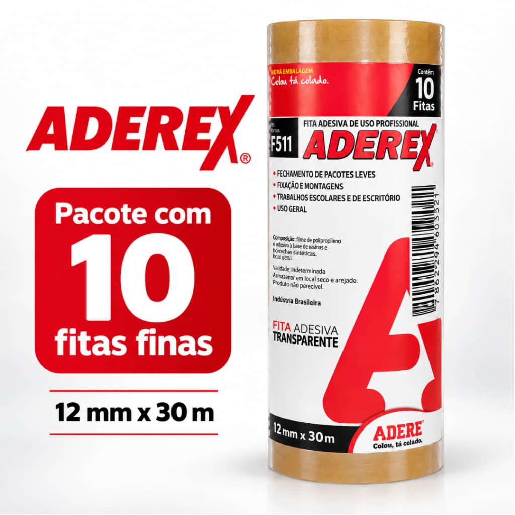 Kit com 10 Un. Fita Adesiva Transparente 12mm x 30m Aderex
