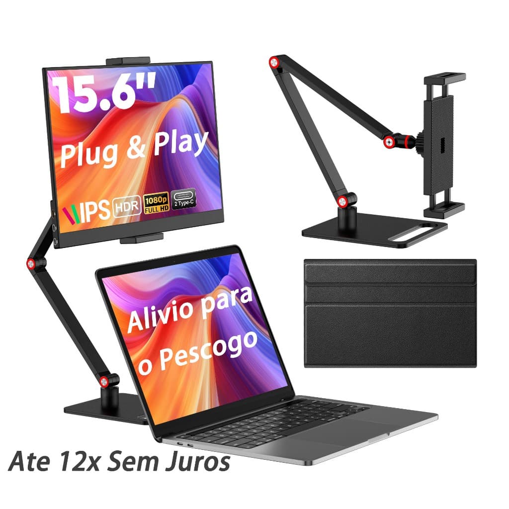 Monitor Portátil 15.6"FHD 1080P IPS com Suporte Alto Ajustável Giratório Tipo-C/HDMI Segunda Tela Vertical para Notebook