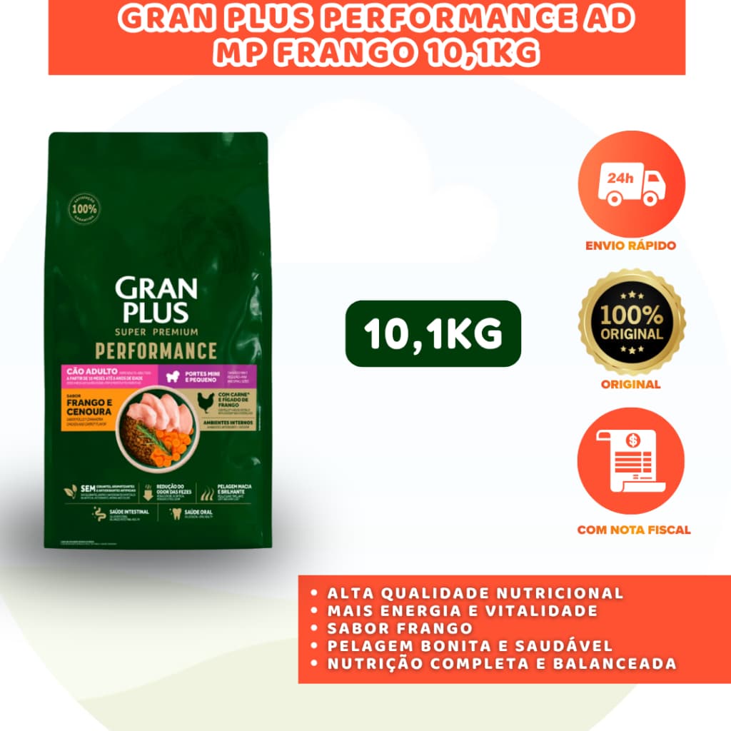 GRAN PLUS PERFORMANCE CÃO ADULTO FRANGO 10,1KG RAÇÃO COMPLETA E BALANCEADA