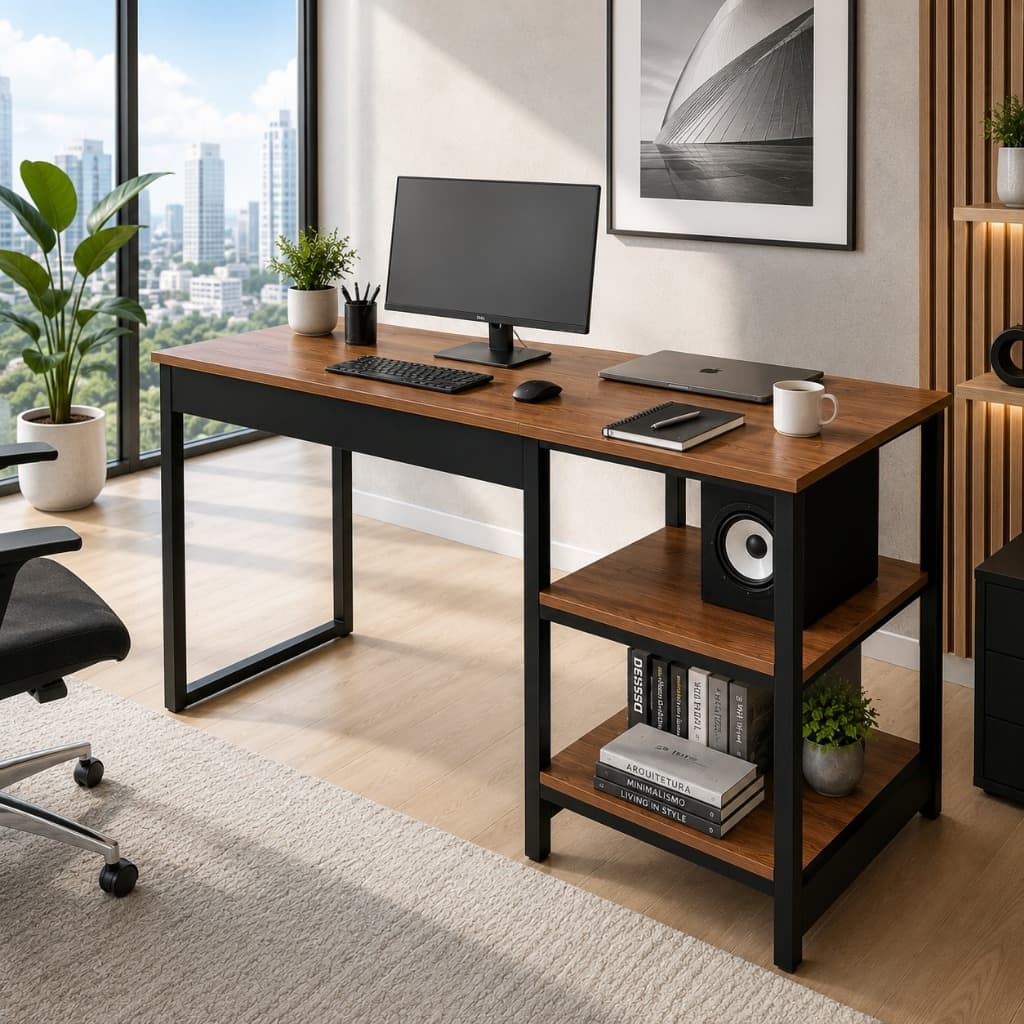 Escrivaninha Mesa para Computador Home Office com Estante e Prateleiras