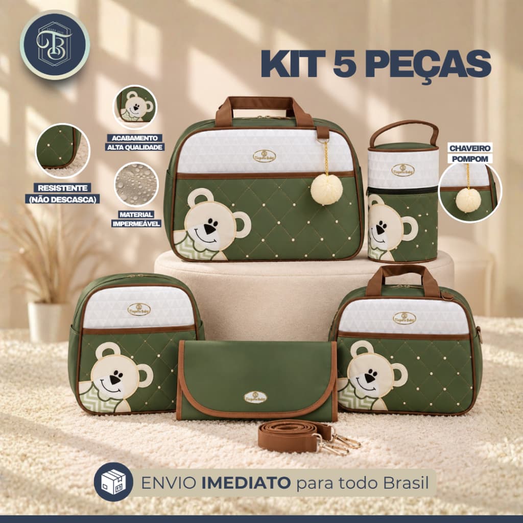 KIT BOLSA MATERNIDADE URSO DE LADO  5 PEÇAS (VERDE MILITAR)