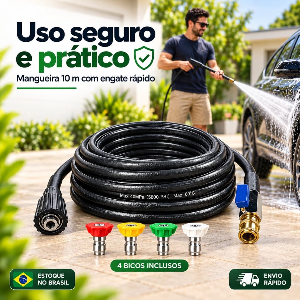 Mangueira para Lavadora de Alta Pressão 10m Lava Jato com Registro Engate Rápido + 4 Bicos