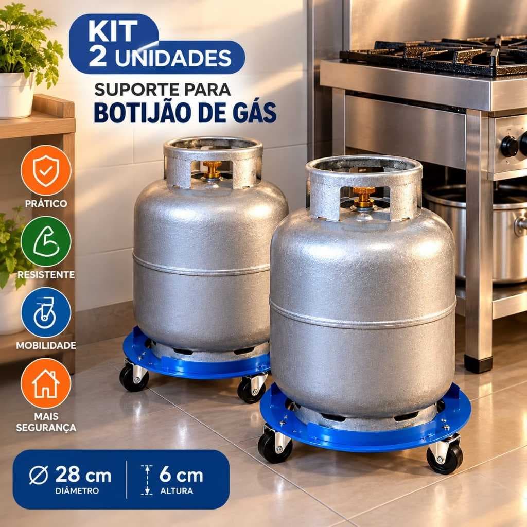 Kit 2 Suportes De Ferro Para Botijão de Gás P13 Com Rodinhas