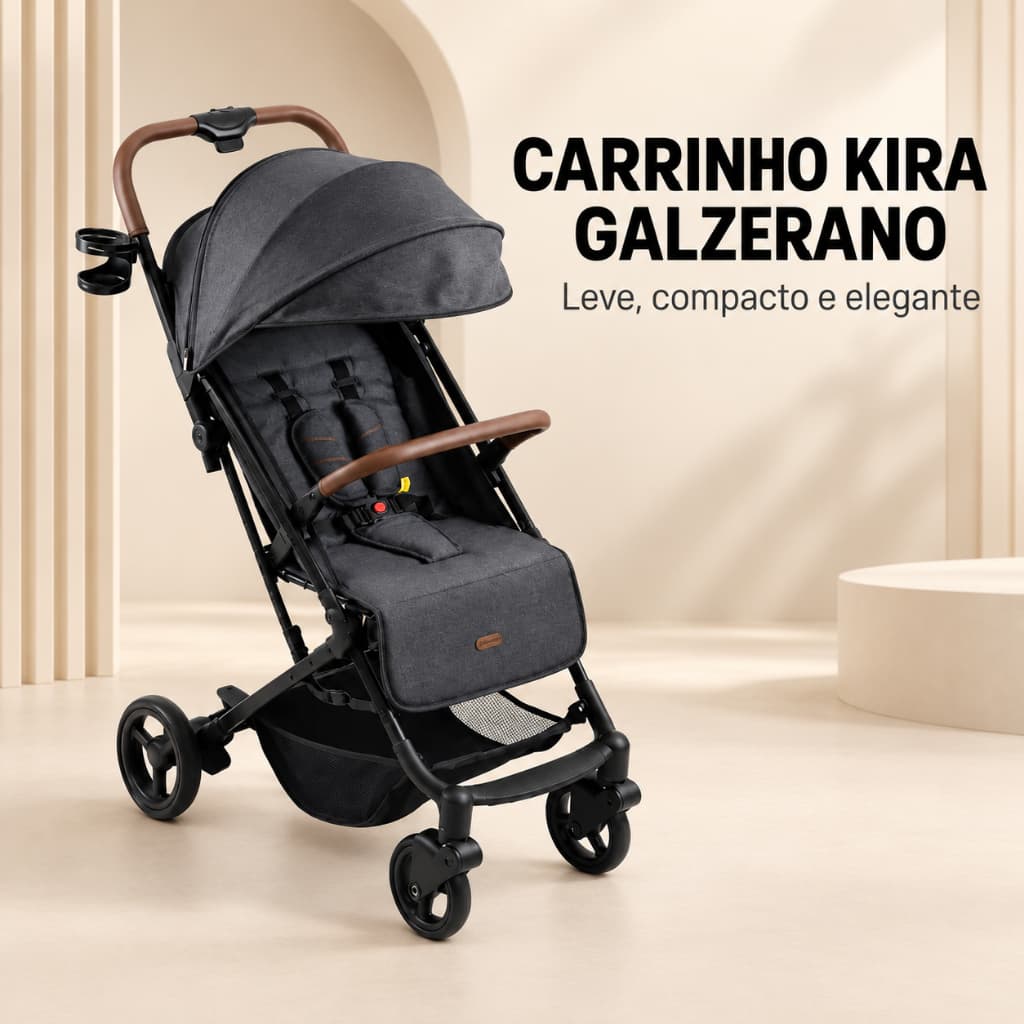 Carrinho de Bebê Galzerano Kira Black Compacto até 22 kg Fechamento com Uma Mão