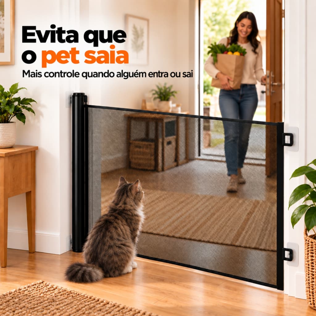 Portão Para Pet Tela de Proteção Retrátil Cachorro Gato Grade Ajustável Sem Furos Barreira de Segurança para Entrada da